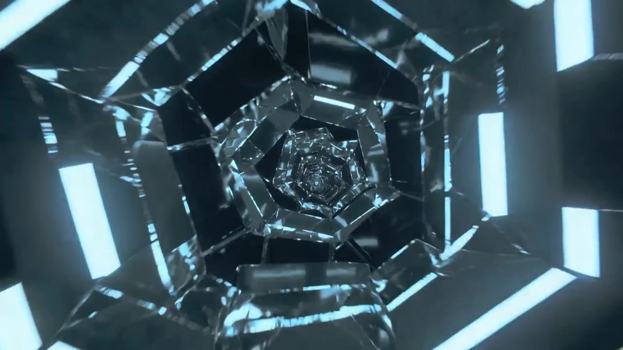 Pushing camera forward, faceted hex tunnel flowing through shaft, suggesting depth with cyan LEDs
