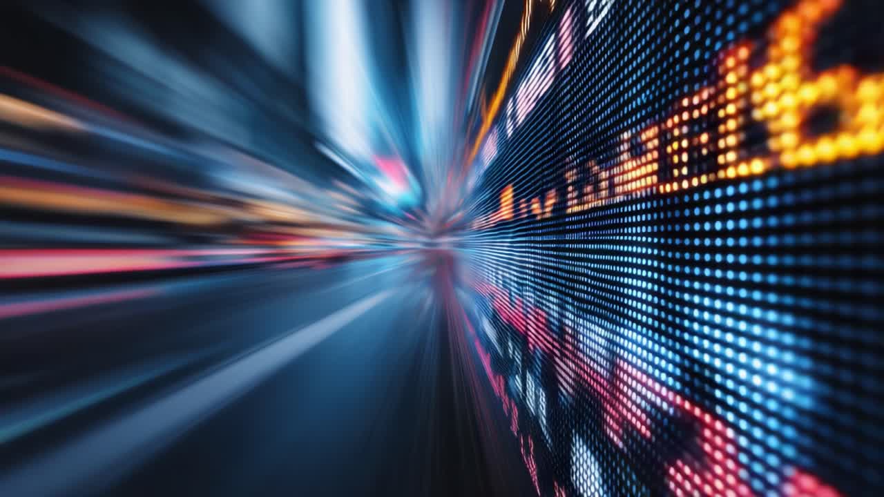 Visualizzazione dinamica dei trend dei dati finanziari con effetti di sfocatura ad alta velocità, che mostra indicatori colorati e attività di mercato in un ambiente futuristico