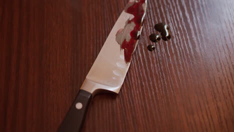 wide tilt of a bloody knife on a table