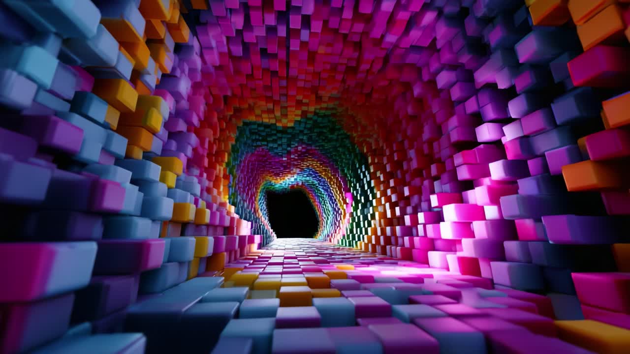 A Vibrant Tunnel of Colorful Cubes: Exploring the Depths of Abstract Geometry and Luminescent Patterns in a Digital Realm that Evokes Creativity and Imagination