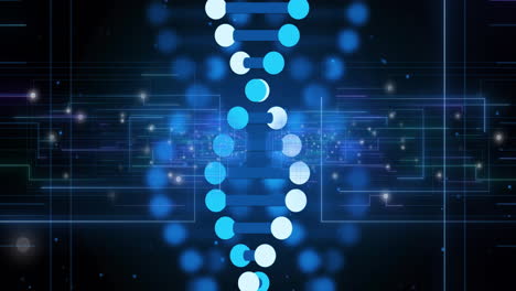 animation of dna strand over blue interface outlines and white light spots on black background