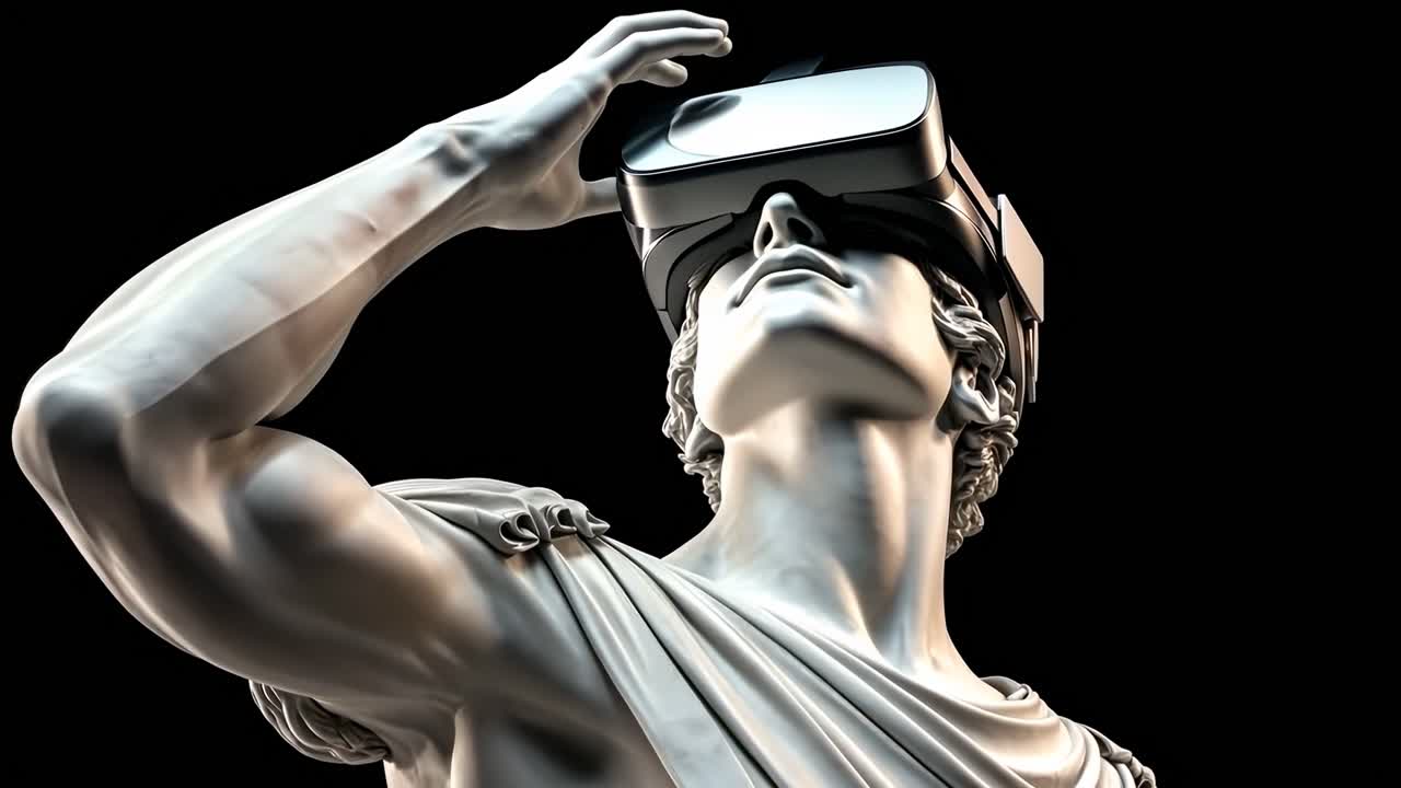 Una statua classica che indossa occhiali VR e guarda verso l'alto