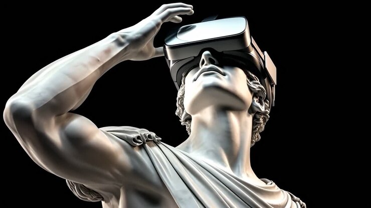 Una statua classica che indossa occhiali VR e guarda verso l'alto