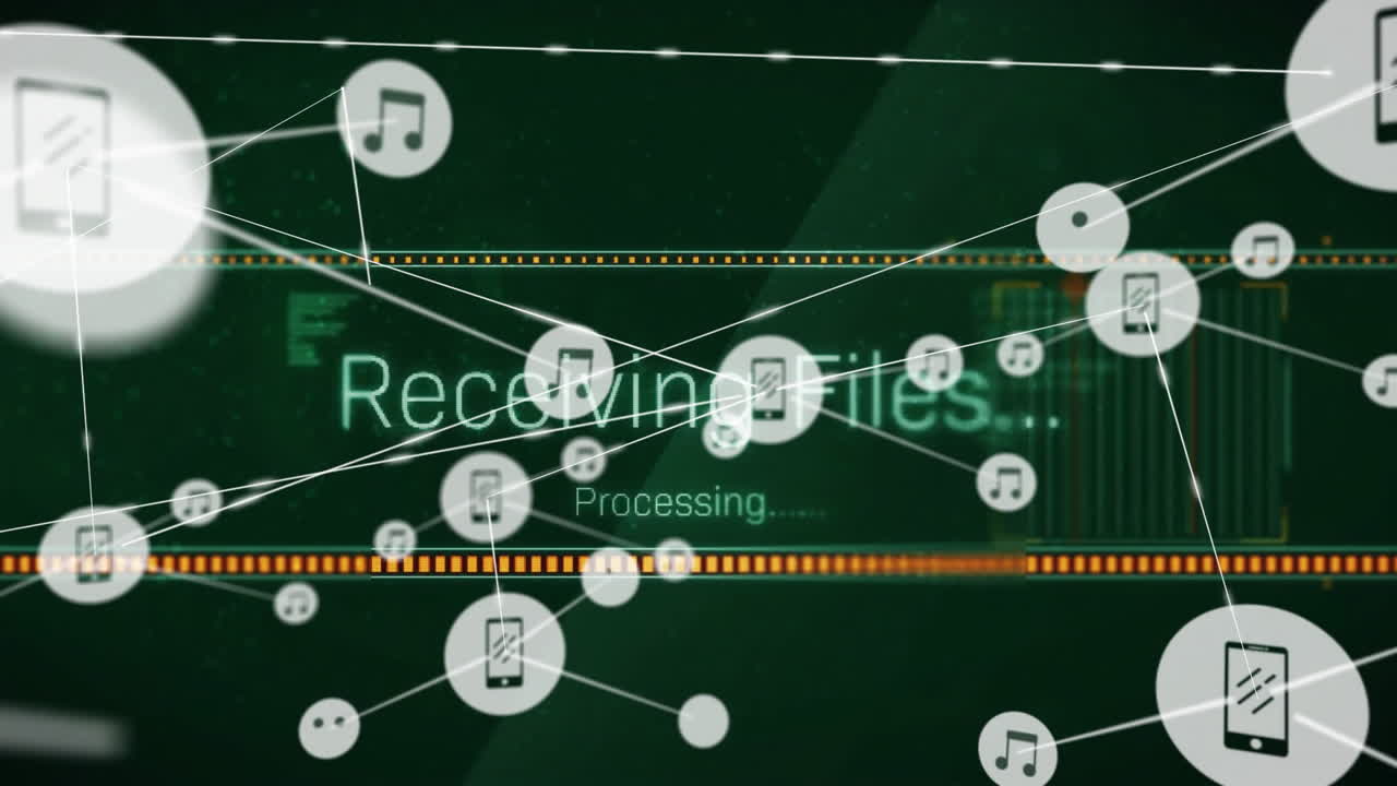 Digital music icons and processing text over green circuit board animation
