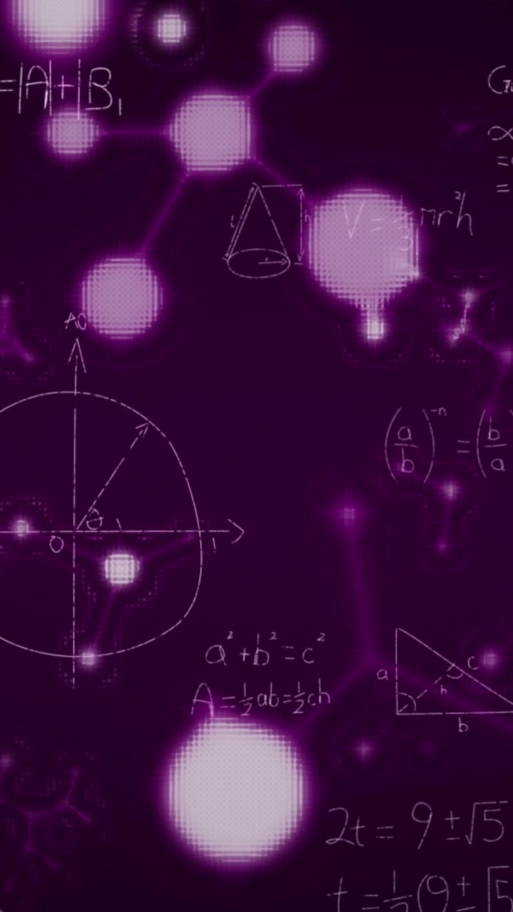 Animazione di equazioni matematiche e strutture molecolari luminose su sfondo nero