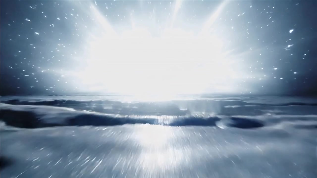 Intensifying core sending radial beams across reflective sea with vertical reflection and sparks