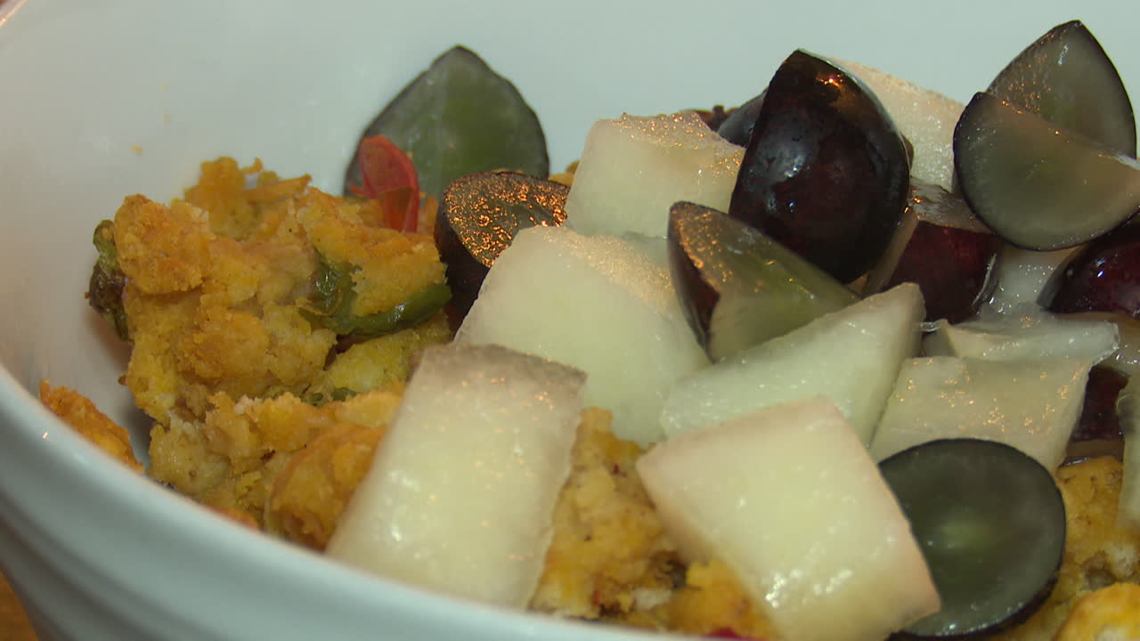 Cornbread Salad with Grapes and Cantaloupe