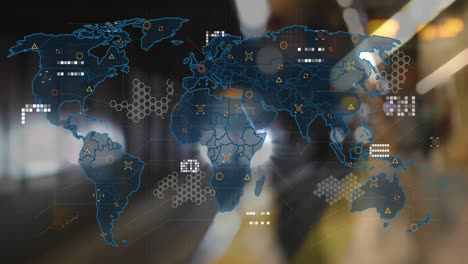 animación de un mapa del mundo con procesamiento de datos sobre un tren subterráneo que llega a la estación de metro