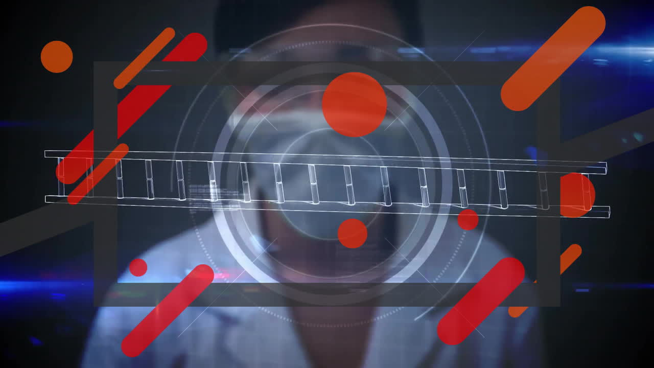 Researcher wearing coat and mask standing behind holographic interface showing DNA helix HUD bars