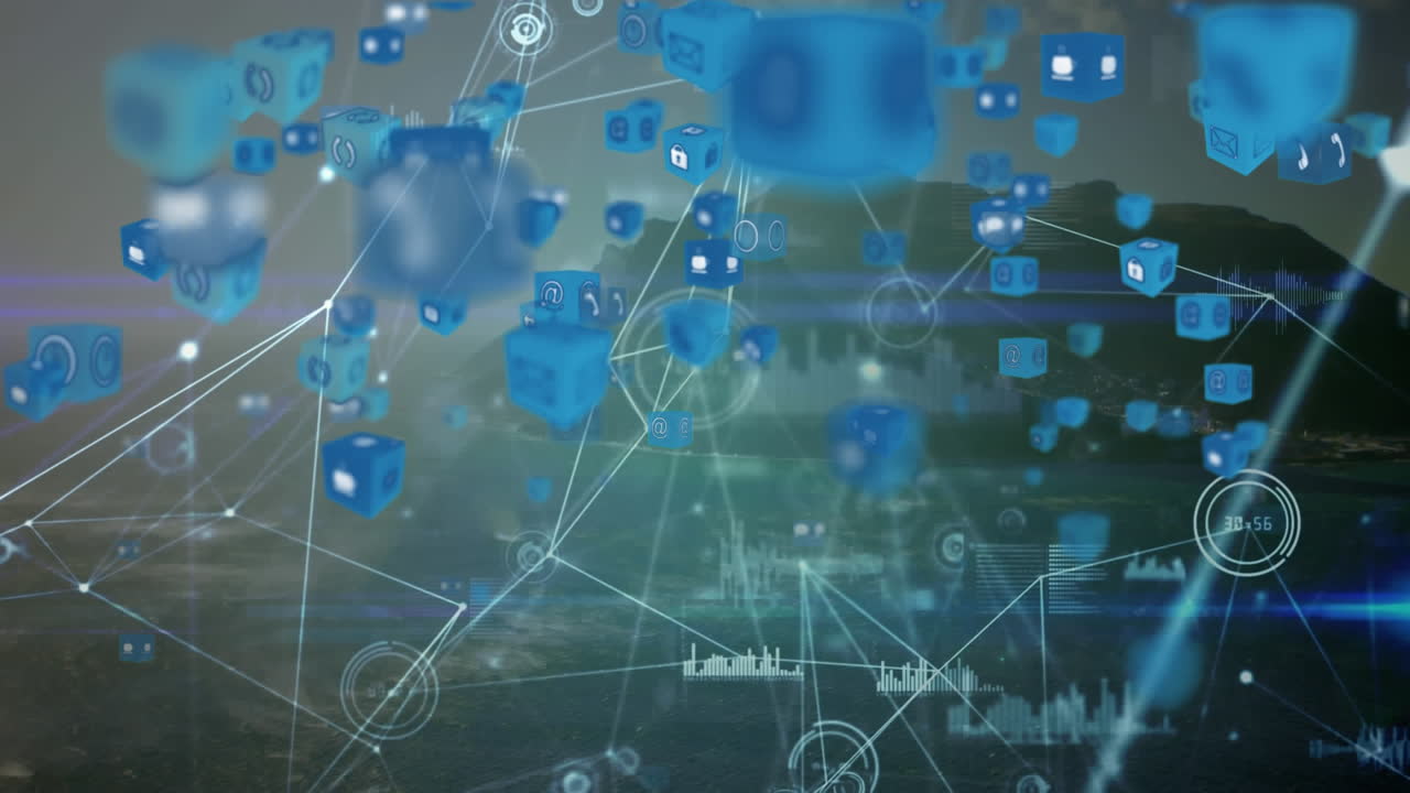animación de una red de iconos digitales flotando sobre el paisaje