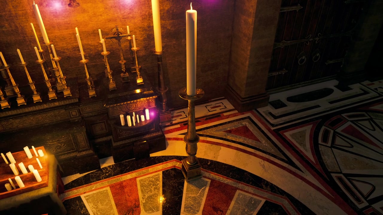 Enchanting candlelit interior in an ornate setting evokes a serene atmosphere