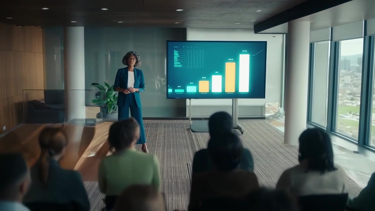 Businesswoman Giving a Presentation to a Group in a Modern Office