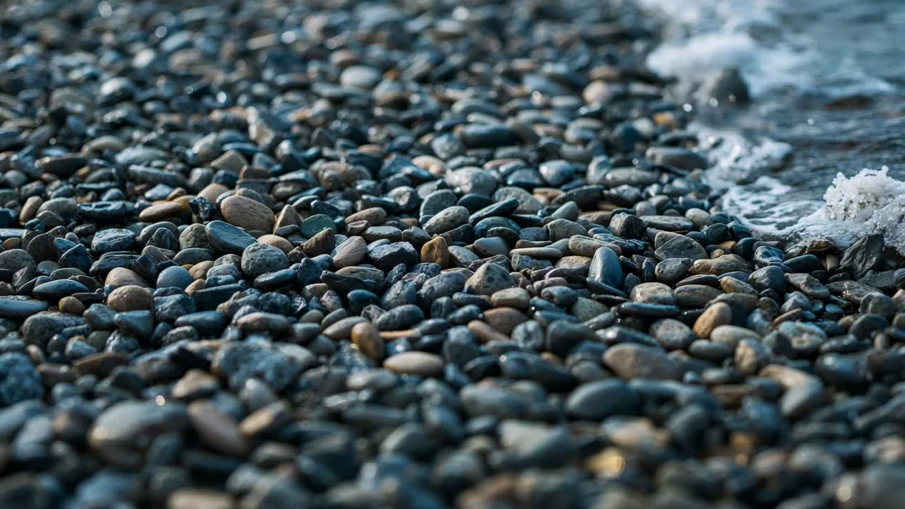 Ondas suaves banhando seixos arredondados na margem, formando espuma branca e brilho úmido