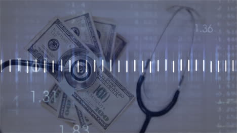 animation of financial data processing over dollars and stethoscope on white background