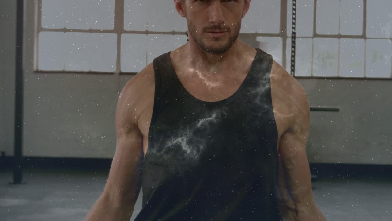 Man starting biceps curls by lifting hex dumbbells, training, nebula overlay growing with reps