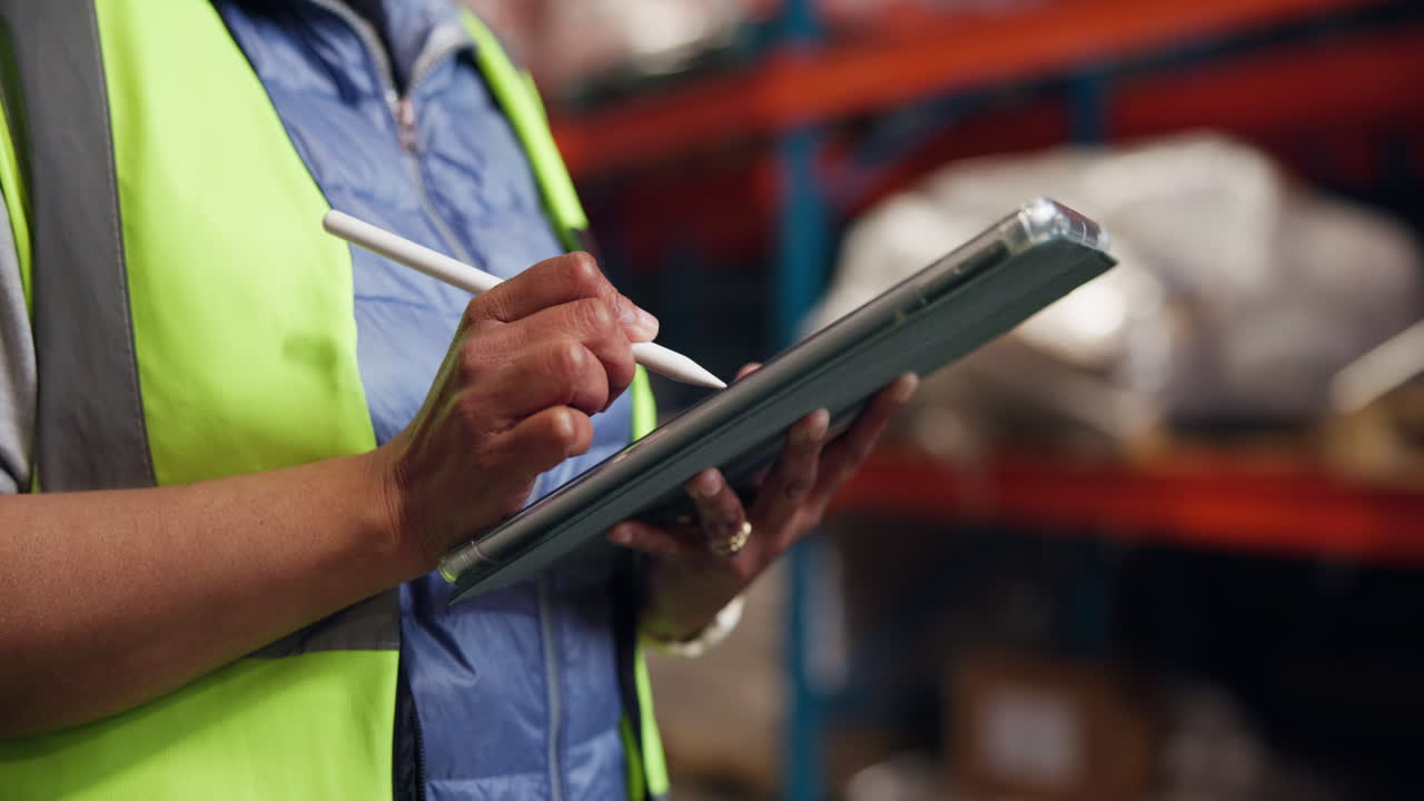 Lavoratore del magazzino che usa un tablet digitale con stilo per la gestione dell'inventario