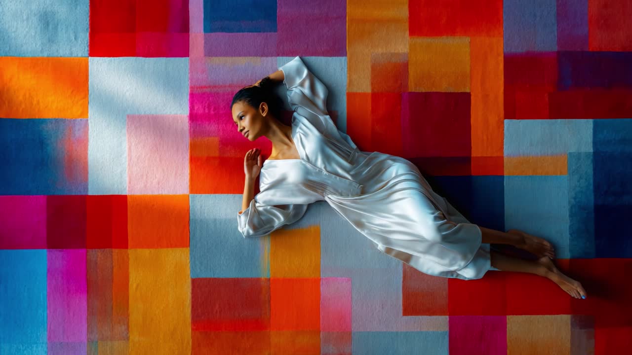A serene moment captured in vibrant hues, showcasing a dancer resting gracefully on a colorful patchwork floor that blends various shades of red, blue, orange, and pink into a stunning visual tapestry