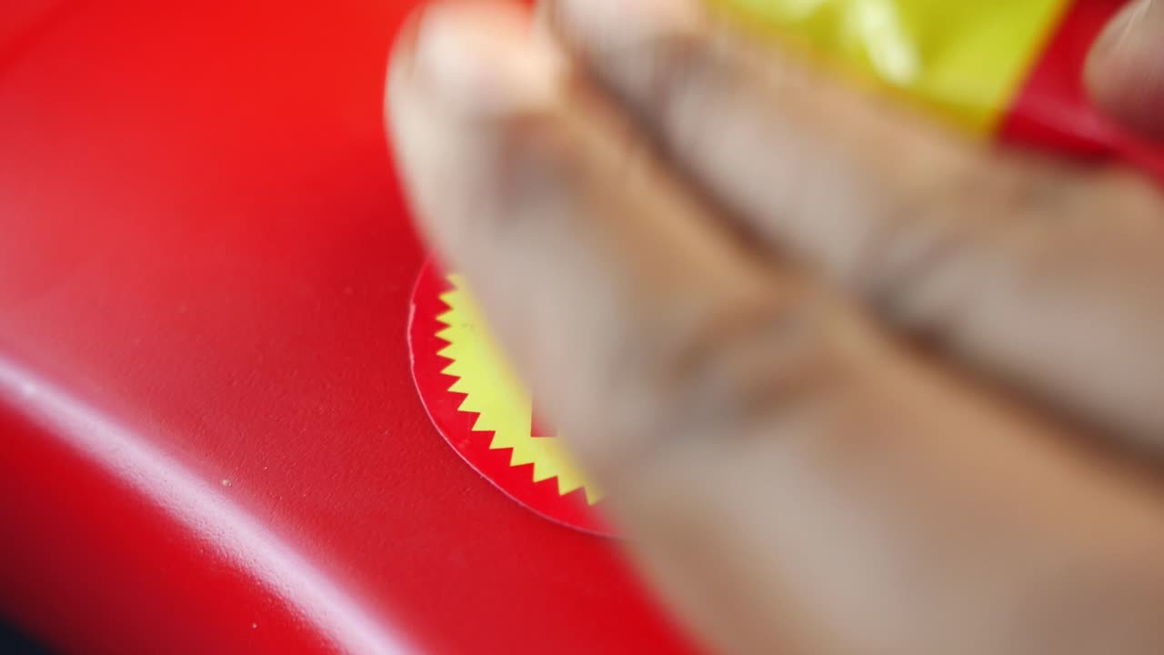 Hand Applying Buy One Get One Free Sticker to Product