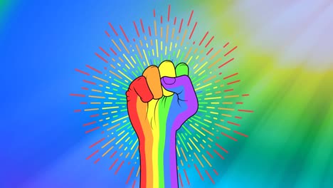 Animation-of-rainbow-fist-and-rainbow-stripes-over-rainbow-background