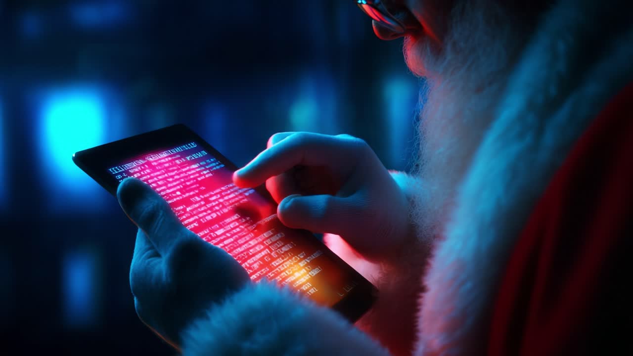 A modern Santa Claus using a tablet to check his list in a high-tech environment, showcasing the blend of tradition and technology in the holiday season