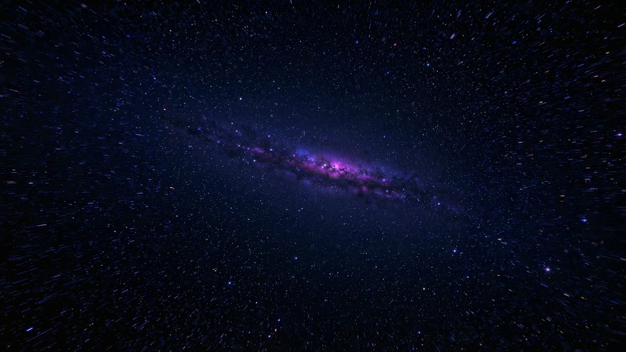 Zooming camera revealing barred spiral galaxy, purple core, star streaks suggesting travel in space