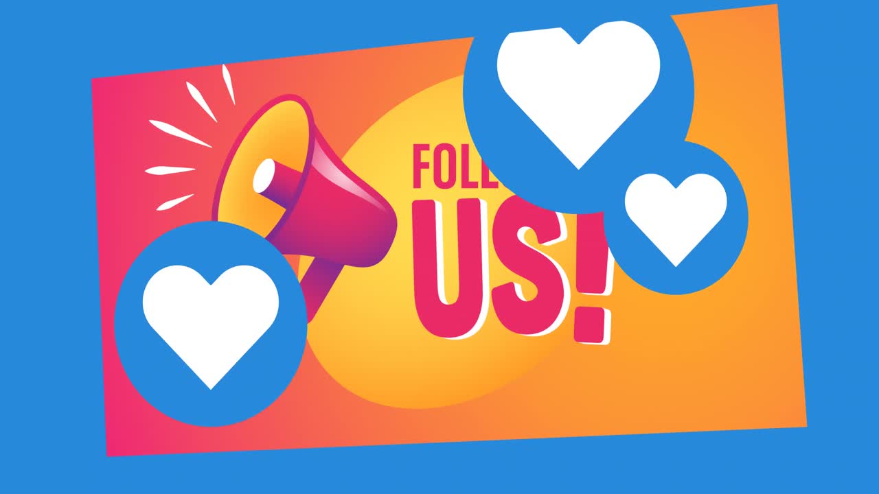 파란색 배경 위에 메가폰과 함께 us 텍스트를  ⁇ 비하는 아이콘의 애니메이션