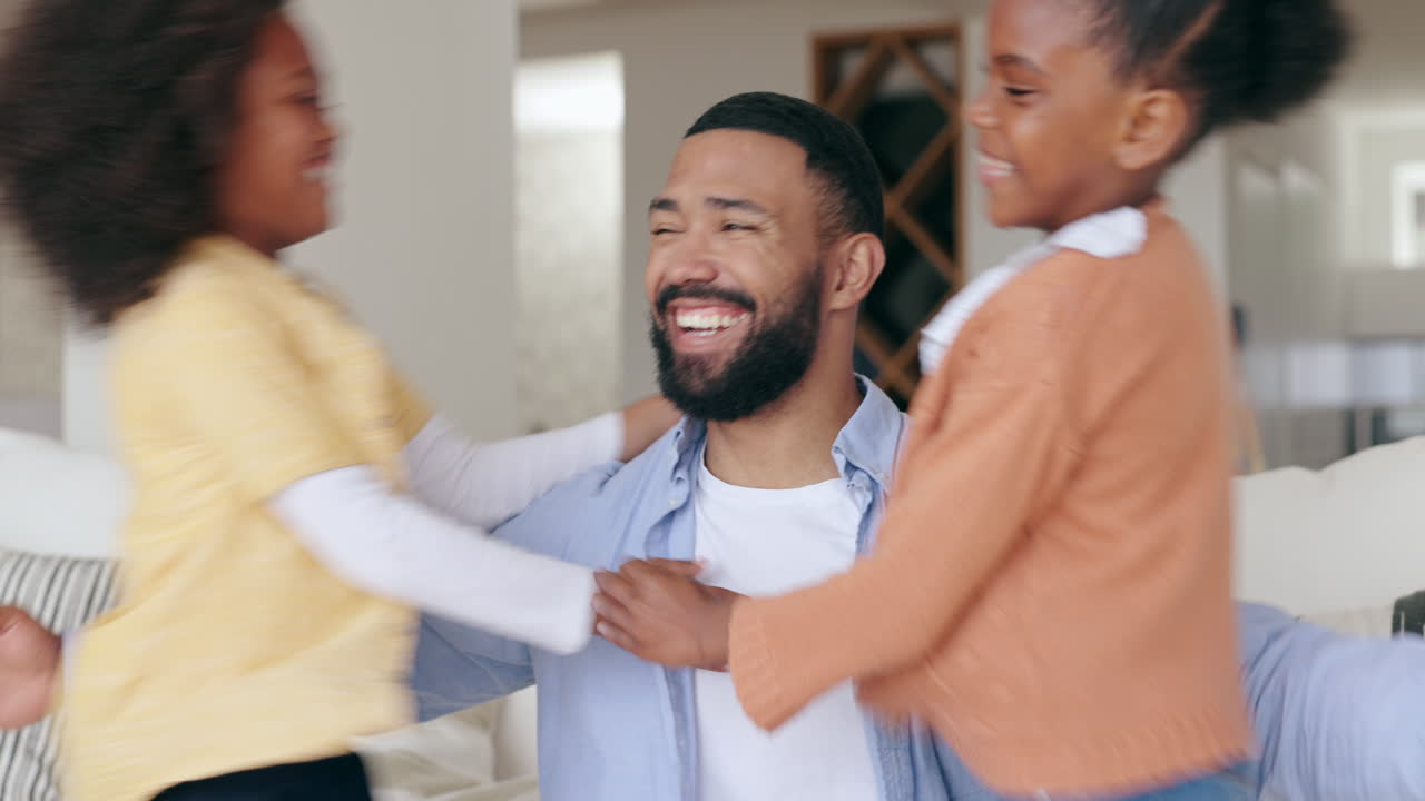 Hug, children or father in home with smile