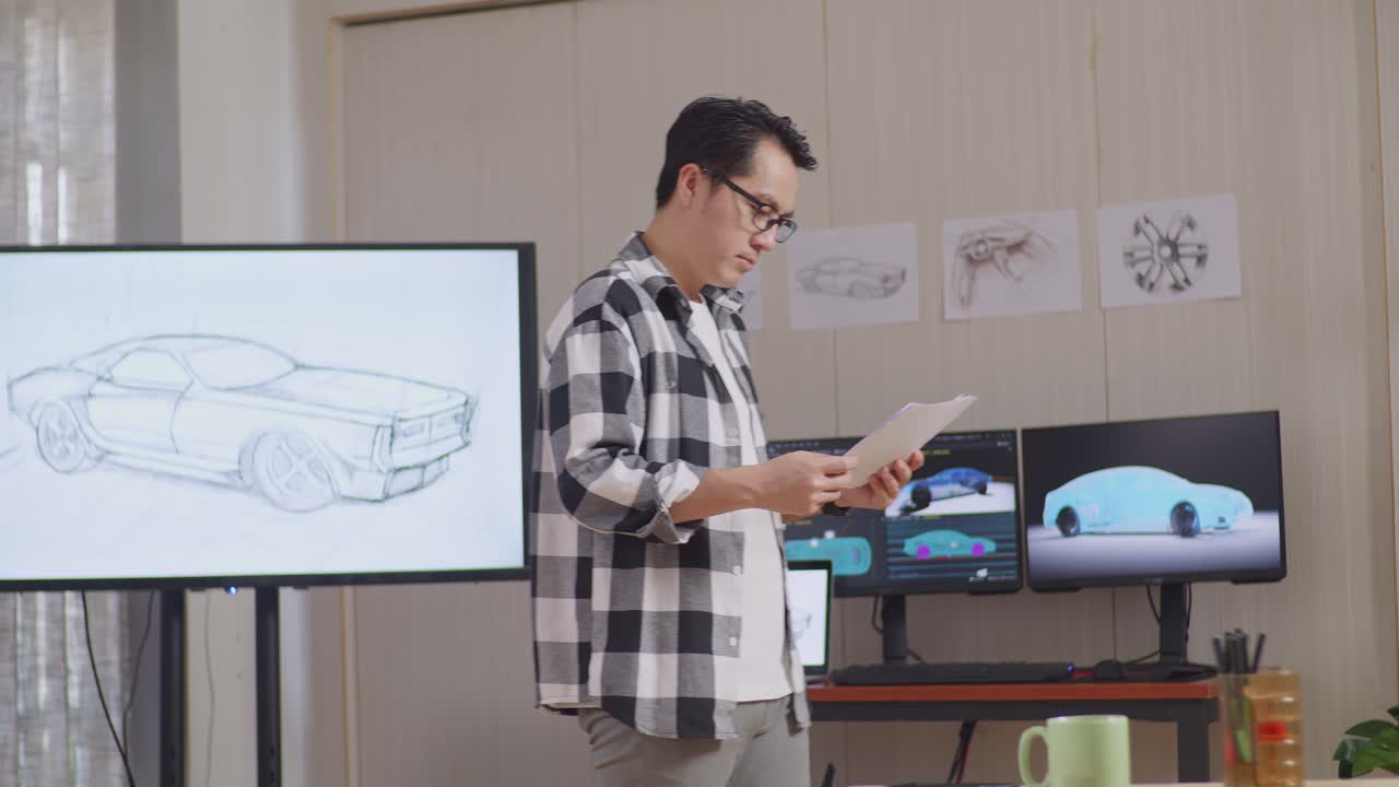 hombre asiático mirando papel de boceto de diseño de automóviles en sus manos y caminando mientras trabaja en el estudio con televisión y computadoras muestra modelo de automóvil eléctrico 3d