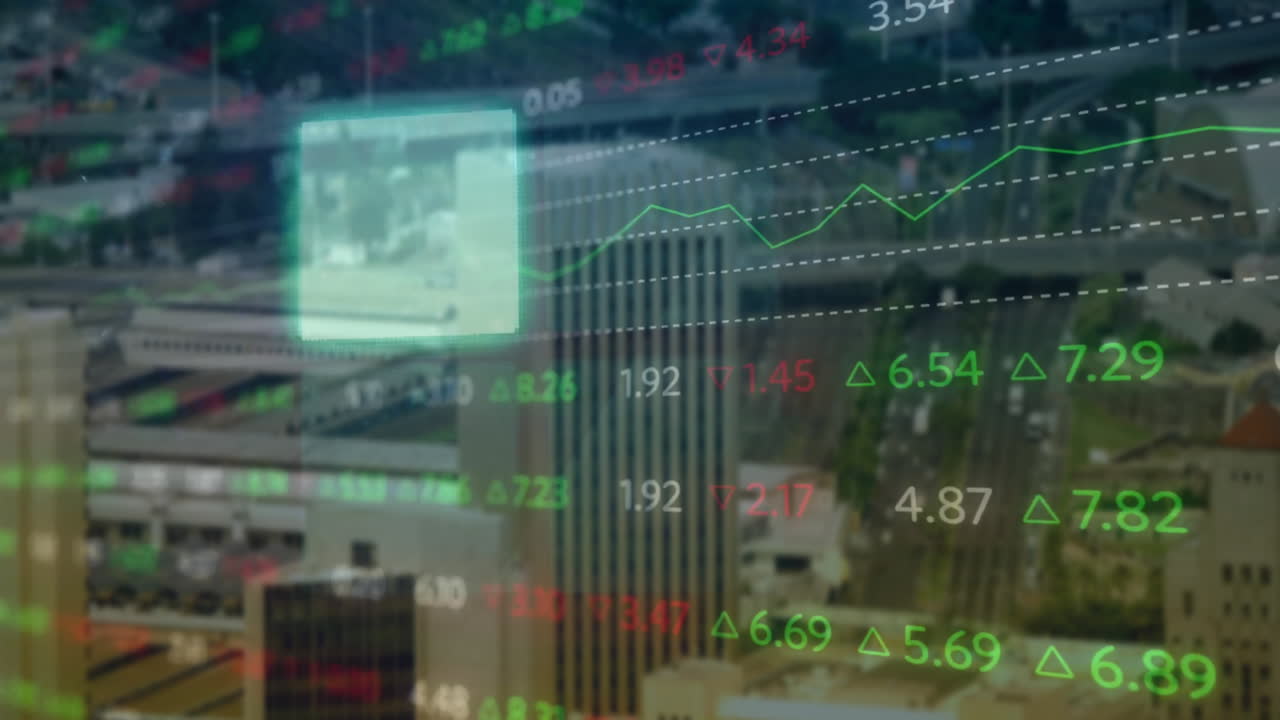 도시 풍경 위의 금융 데이터 처리 애니메이션