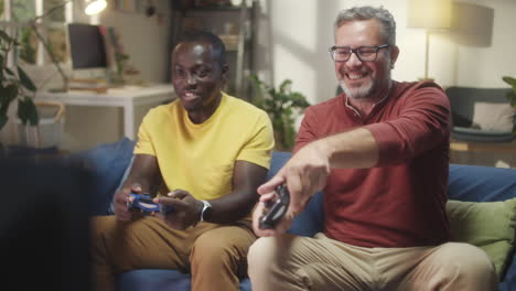 male friends playing video game at home