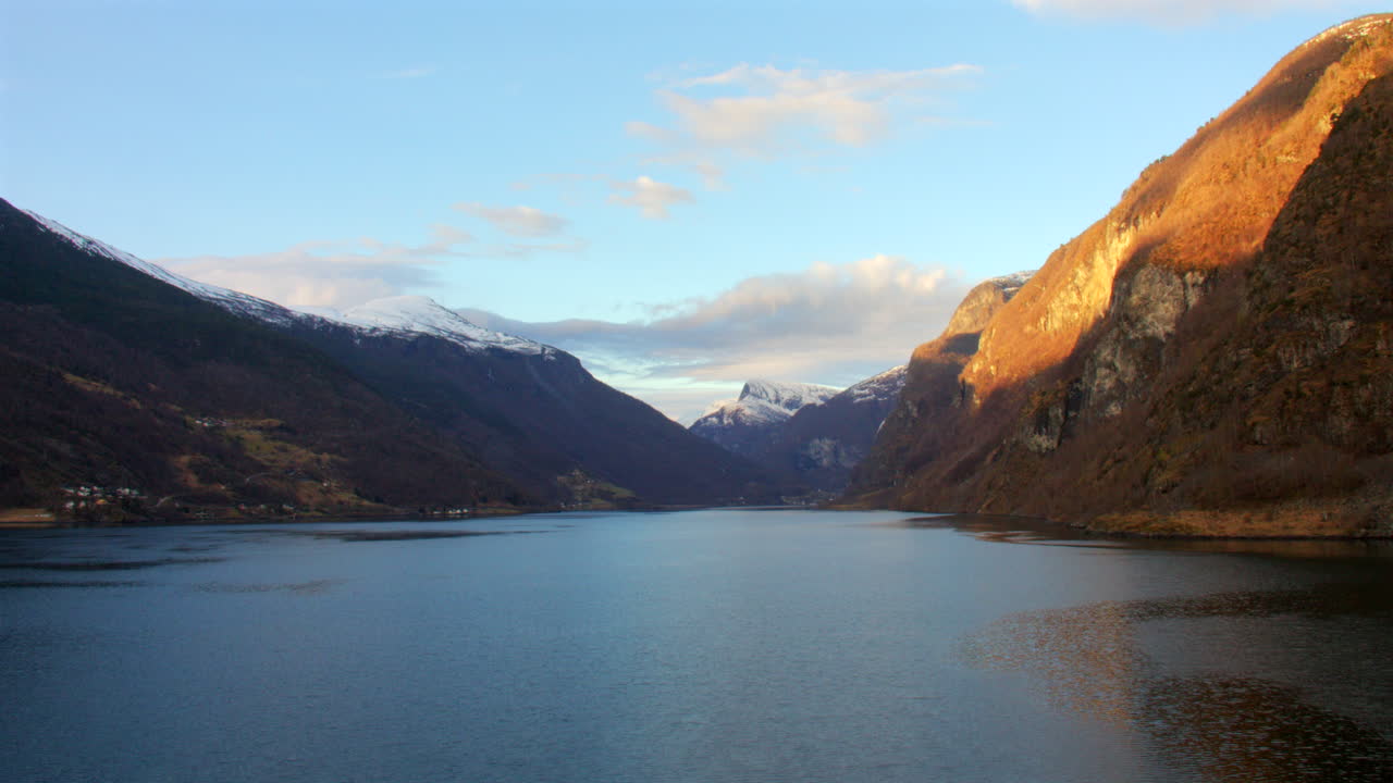 Time lapse shot of sailing through Aurlandsfjorden to flam