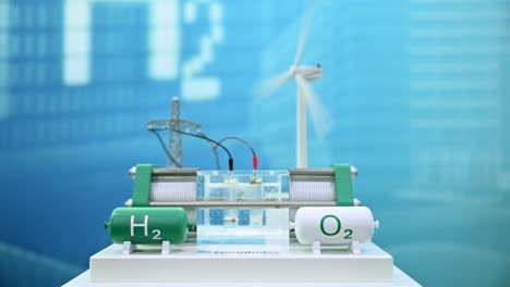 Renewable-energy-storage-demonstrator,-fuel-cell,-hydrogen-tank,-oxygen-tank,-spinning-wind-turbine,-power-line