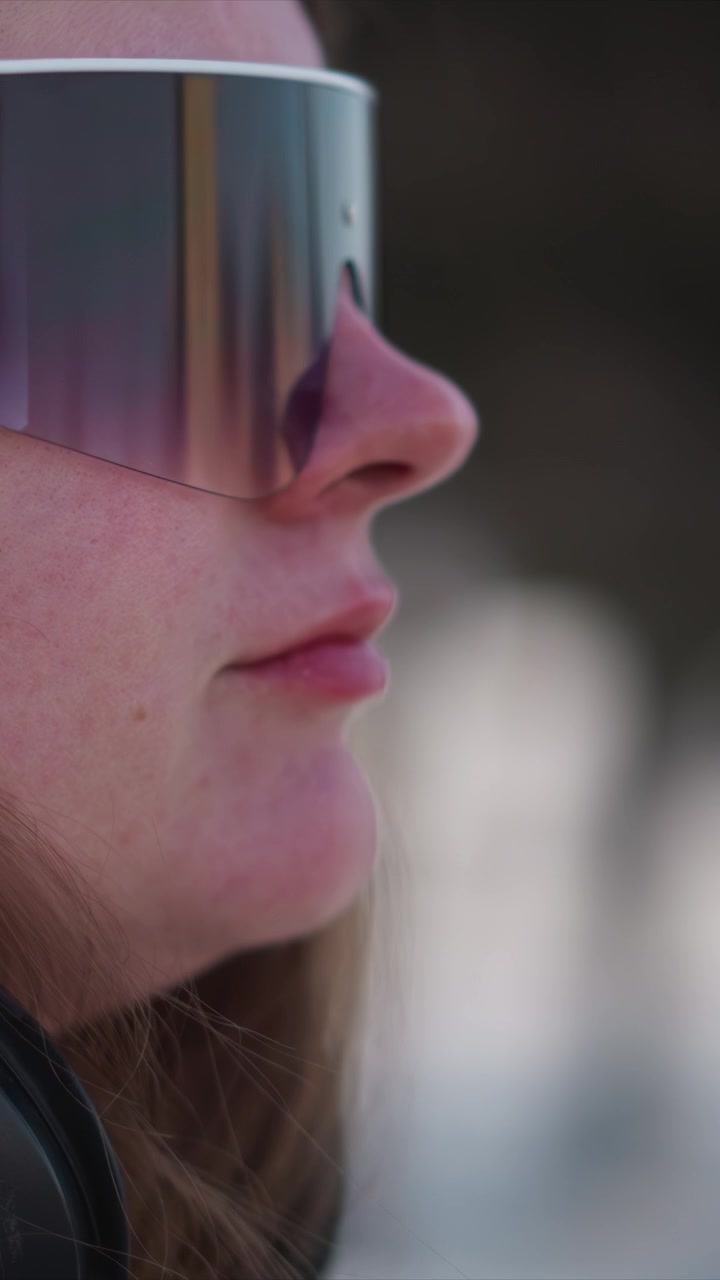 Donna che aggiusta i suoi occhiali dalla montatura bianca e indossa occhiali da sole scuri, passando dall'uno all'altro. Le sue mani con unghie smaltate sono visibili mentre la donna esegue questa cura personale
