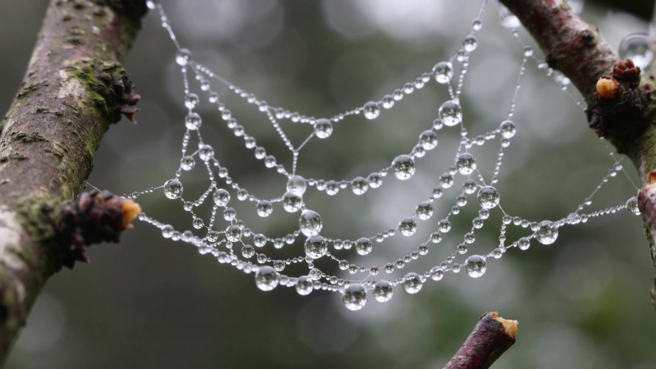 Perle di rugiada che si fondono, innescate dalla nebbia, su una ragnatela a raggio che ondeggia tra ramoscelli muschiosi, fogliame sfocato