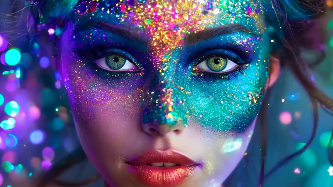 una mujer con brillo azul y púrpura en su cara