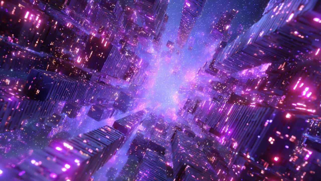 A Stunning Visualization of a Futuristic Cityscape with Cosmic Elements, Featuring a Vibrant Blend of Purple and Blue Lights Shining Through Skyward Towers