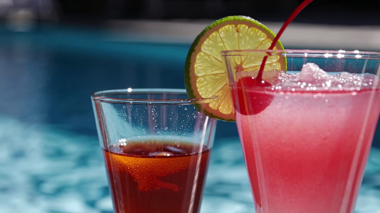 Two vibrant cocktails resting poolside on a sweltering summer day, providing a delightful and refreshing escape from the heat, perfect for relaxation and enjoyment with friends or loved ones