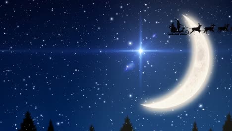 Animation-of-santa-claus-in-sleigh-with-reindeer-over-snow-falling-and-sky-with-moon