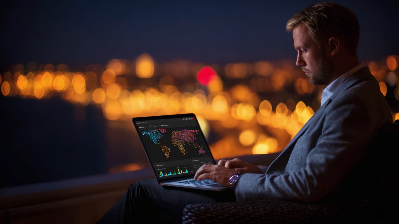 A focused individual analyzing data on a laptop, overlooking a vibrant cityscape illuminated by blurred lights at night, showcasing the blend of technology and urban environment