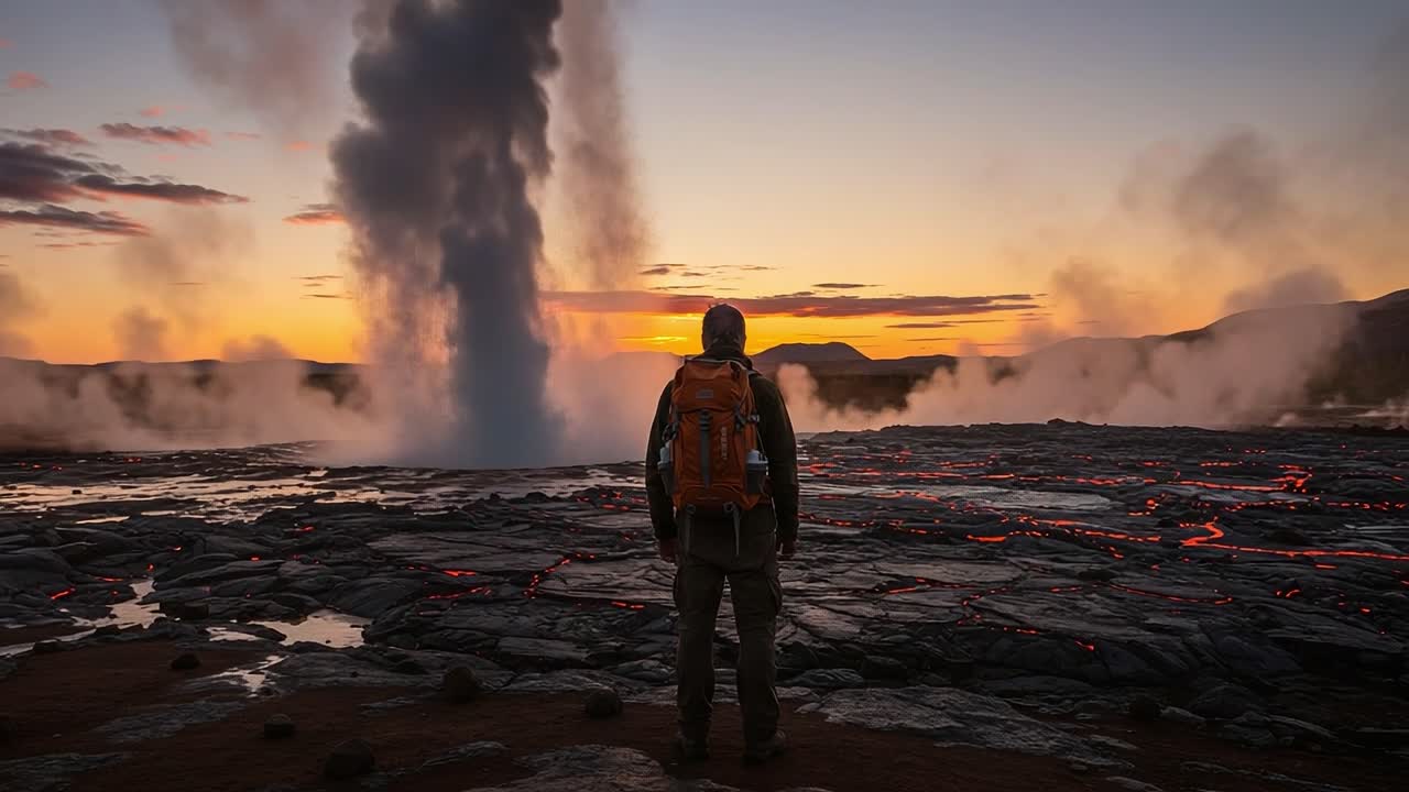 Majestic Eruption at Dusk: A Solo Adventurer Gazes Upon the Stunning Display of Nature’s Power with Bubbling Lava and Sulfurous Steam as the Sun Sets