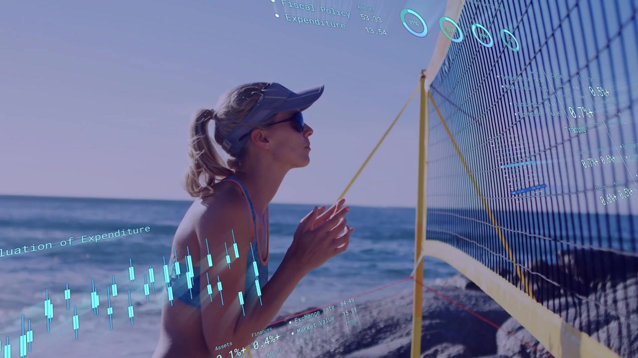 Beach player preparing for play at net, moving forward, initiating sports HUD showing charts and %