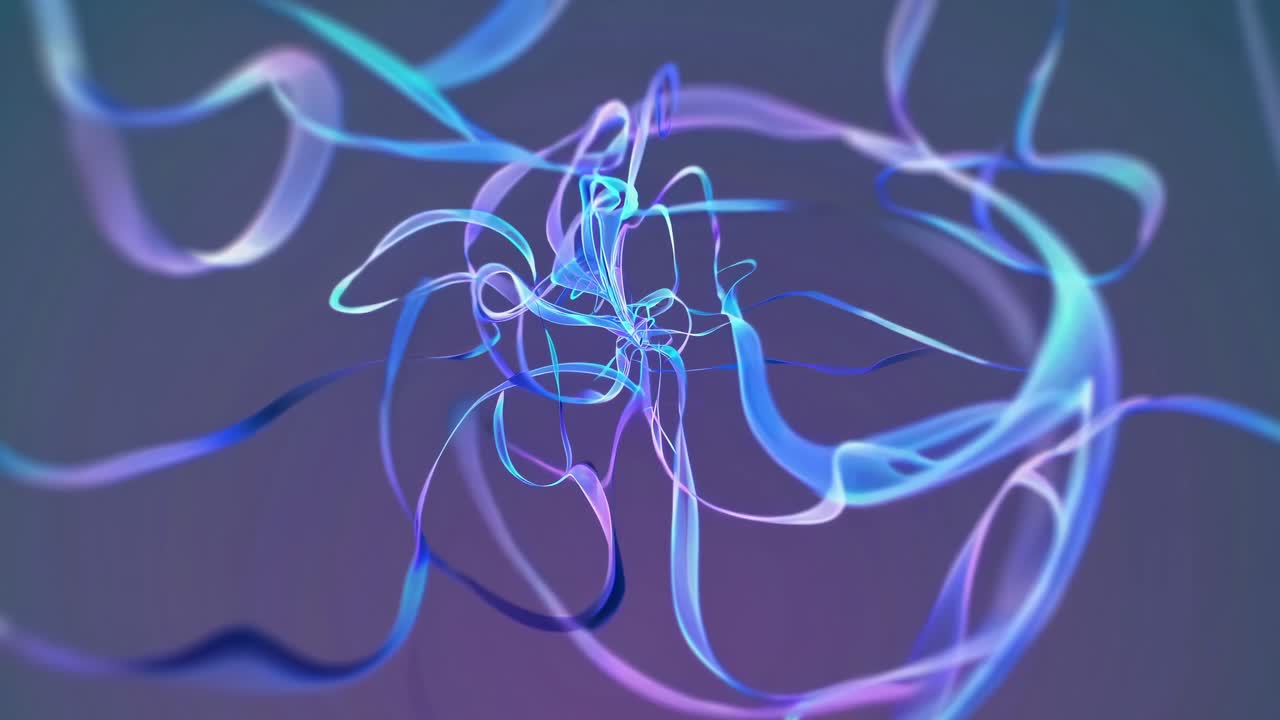 Abstract video art with swirling blue and purple ribbons, viewed from a top-down angle