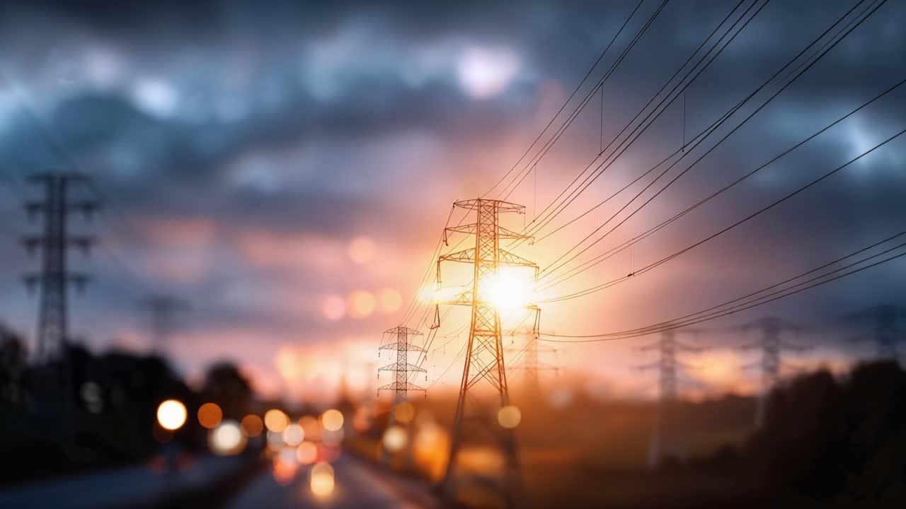 Dramatic Sunset Overhead Power Lines with Glowing Bokeh Lights in the Background Capturing the Beauty of Electricity Transmission Infrastructure
