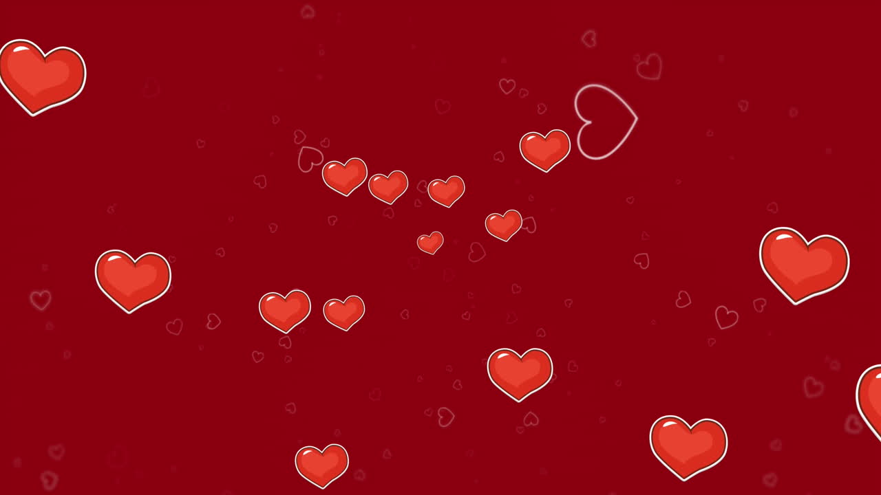 Animazione di icone a forma di cuore rosse che si muovono su sfondo rosso.