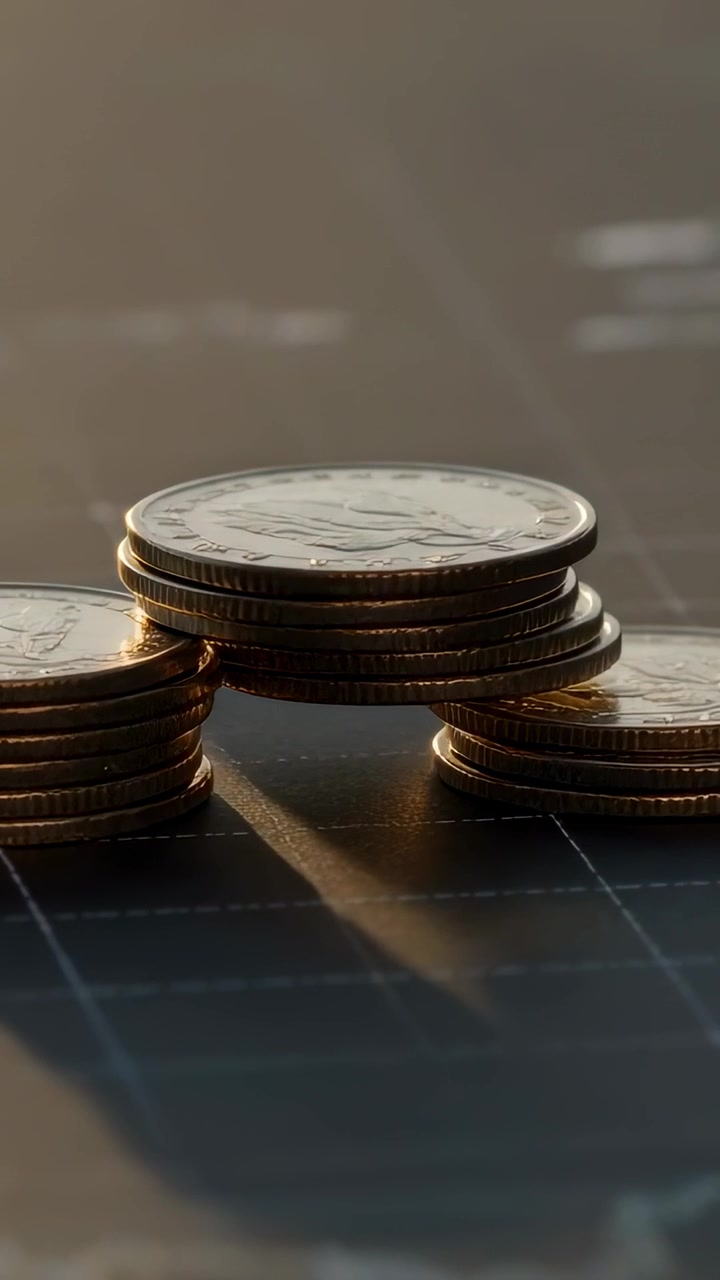 Vertical video: Moving low camera revealing metal coin stacks on grid, lighting warming for detail