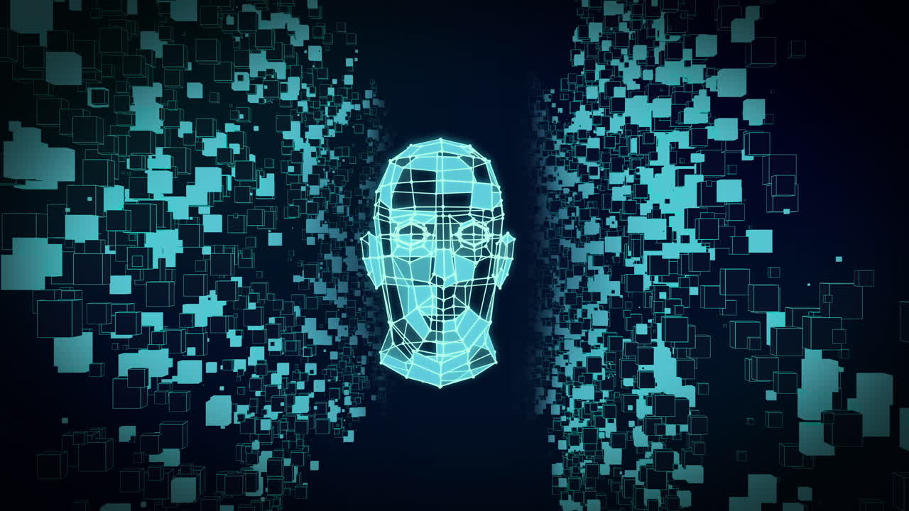 Animation of blue 3d cuboid head model rotating with moving cubes on dark background