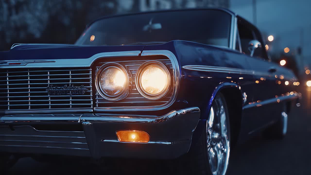 Eine atemberaubende Nahaufnahme eines klassischen amerikanischen Muscle-Cars, die das zeitlose Design und Charisma der Automobilkunst aus der Mitte des Jahrhunderts in der Abenddämmerung perfekt bewahrt.