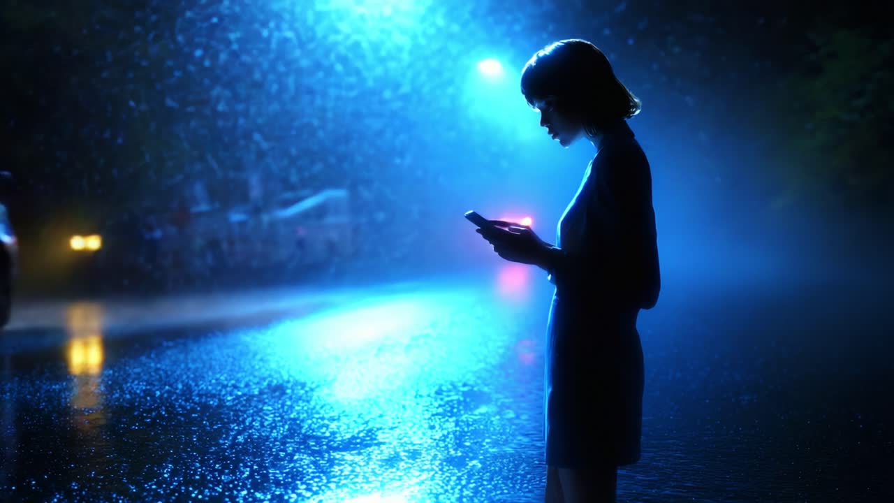 A solitary figure illuminated by blue lights stands in the rain-soaked street, absorbed in their phone, capturing a moment of quiet contemplation amid the bustling night and falling downpour