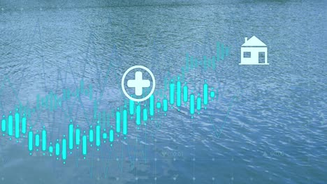 animation of financial data processing with icons over water