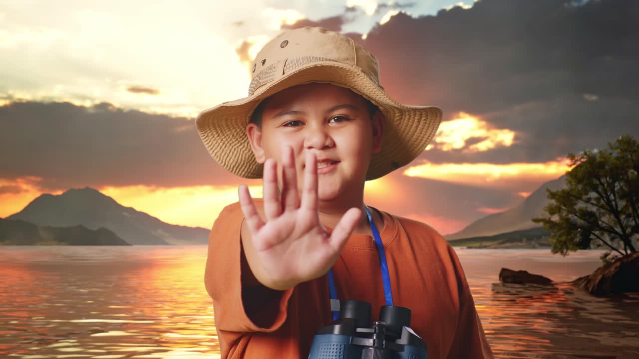 Asian Boy With A Hat And Binoculars Using The Magnifying Glass, Showing Hand No Gesture At A Lake. Boy Researcher, Travel Tourism Adventure, Close Up